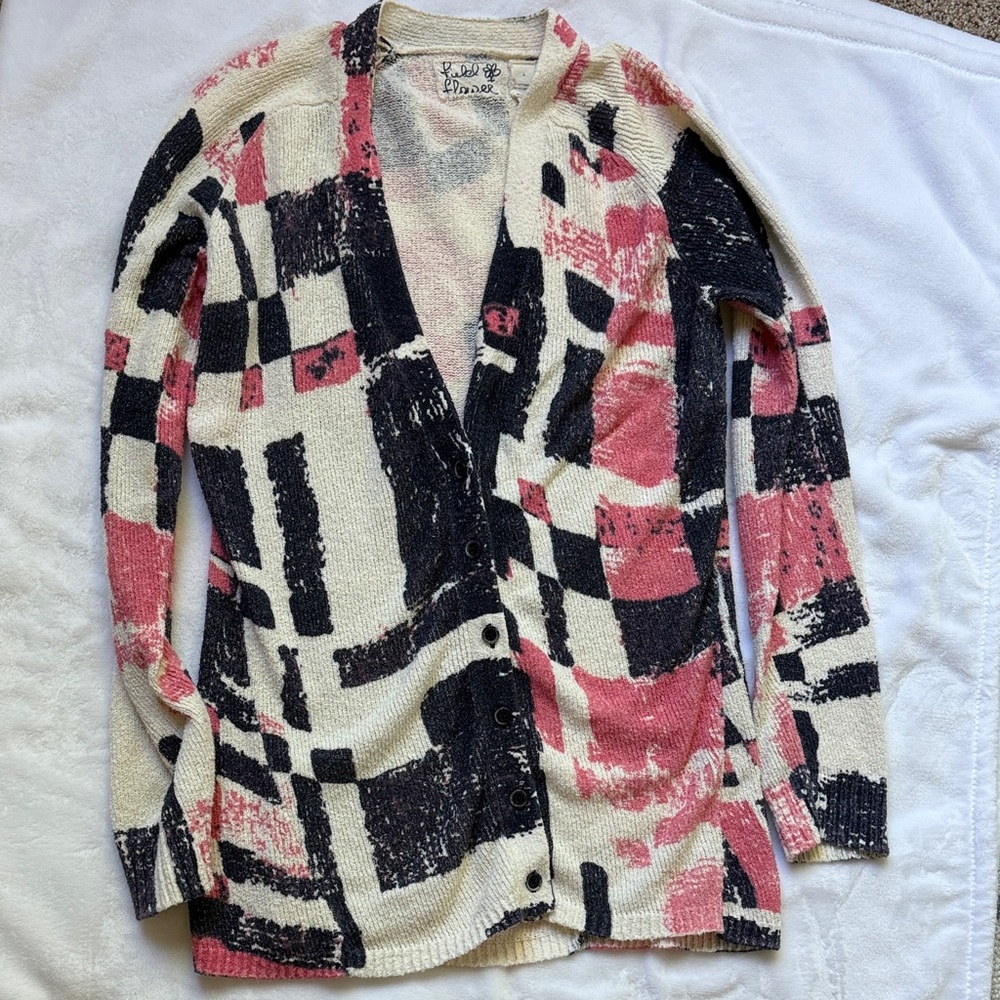 Anthropologie Fielel Flower Cream, Pink & Blue Abstract V-Neck Cardigan
